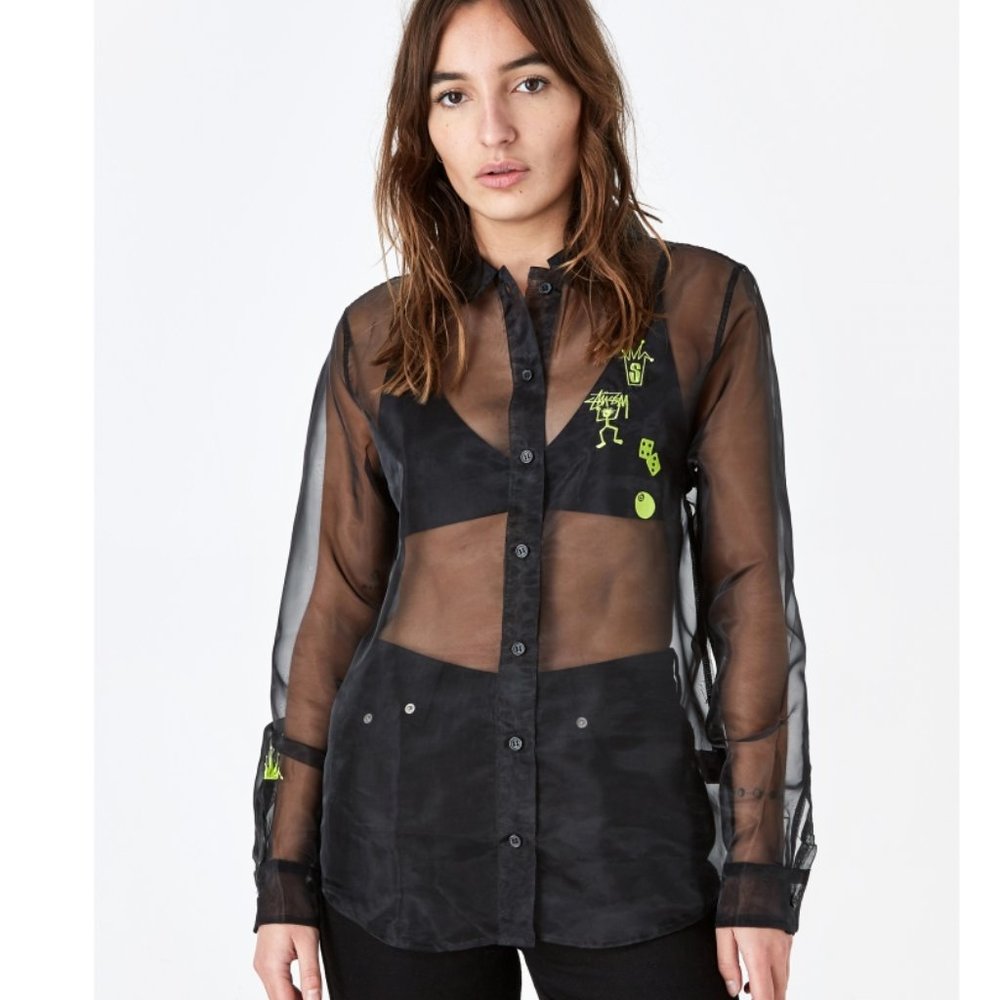 Stussy Sheer Embroidery Button Shirt Black